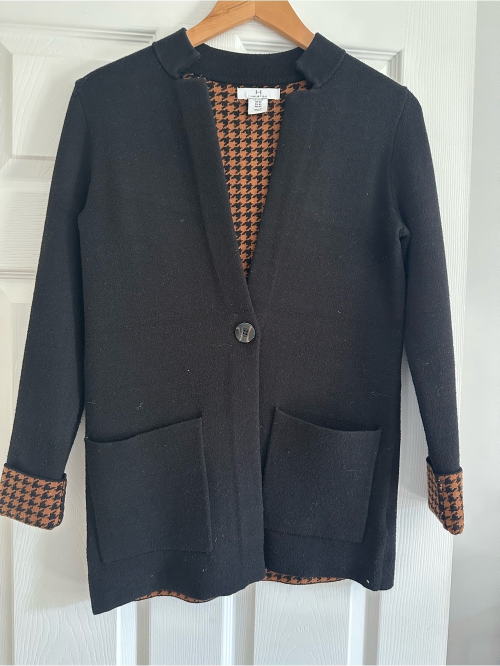 Halston Black Houndstooth Trim Cardigan Coat